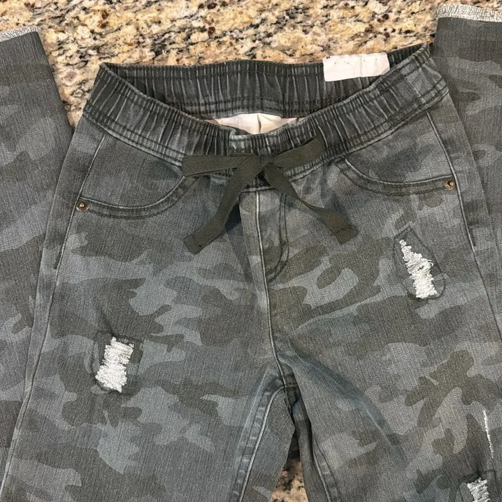 Justice Gray Camouflage Kids Jeans jeggings soft comfy stretchy tie waist sz 10